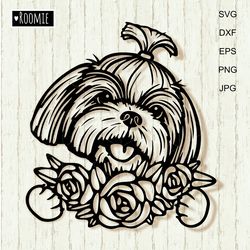 shih tzu with flowers svg for cricut, shih tzu shirt design, car decal clipart vector cut file vinyl /145