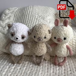 Plush toys 3 in 1 knitting pattern Panda, Cat and Bunny amigurumi pattern. English and Russian PDF.
