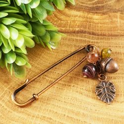 Copper Acorn Leaf Pin Brooch Brown Olive Orange Agate Quartz Pin Forest Autumn Woodland Charm Pin Brooch Jewelry 7686