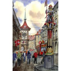 street in bern and the astronomical clock tower, switzerland. original watercolor painting 10,6x6,8''