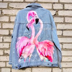Flamingo.  Painted denim jacket Flamingo Jeans jacket Portrait Personalized jacket animal Birds
