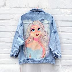 Elsa Frozen Disney Painted denim jacket Jeans jacket Portrait Personalized jacket blue jeans jacket