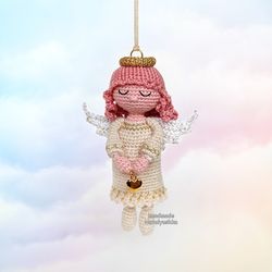 White Guardian Angel with heart, Keychain, Little crochet hanging Angel, Valentine day gift, Nursery decor