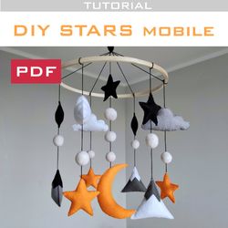 Diy star baby mobile. Crib Baby mobile nursery decor stars felt mobile. Nursery mobile pattern gift for baby shower pdf