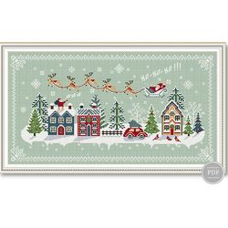 Merry Christmas cross stitch, Santa over the village, Santa with gifts Merry Christmas sampler 252
