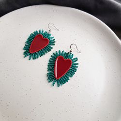 Statement heart earrings, red and turquoise jewelry