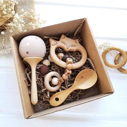 Personalized postpartum gift - custom baby shower favor gift box - wooden rattle with name,  parent gift for newborn