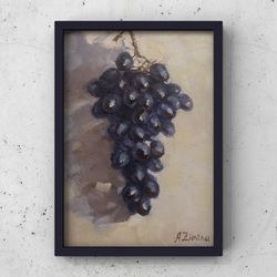 Grapes oil painting, fruit small oil painting still life, original oil painting for kitchen, mini painting