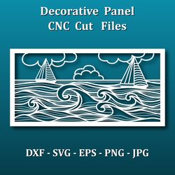 Wall art Panel, Laser cut files, template for Cnc cutting or engraving. Sea waves and sail boats, ocean landscape