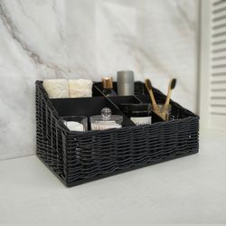 Wicker organizer with dividers. Black bathroom storage basket. Woven holder. Desktop woven rectangular storage box Hygge