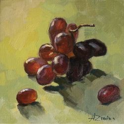 Grapes oil painting, fruit small oil painting still life, original oil painting for kitchen, mini painting