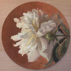 White peony painting, round floral small oil painting, original oil painting with peony flower head, oil on round canvas