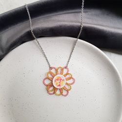 Pink and yellow flower necklace, circle pendant, colorful jewelry