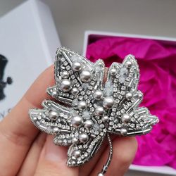 Silver Maple leaf jewelry brooch beaded