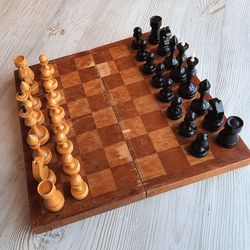 Old Soviet wooden chess set small - vintage 1960s Russian chess game