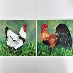 Rooster and chicken painting, Farm bird impasto painting, Set of 2 paintings, Rustic art wall decor
