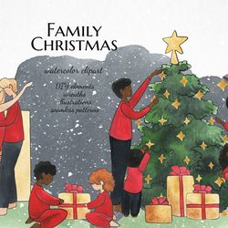Watercolor christmas clipart, Cartoon black family illustrations clip art, New year digital paper png