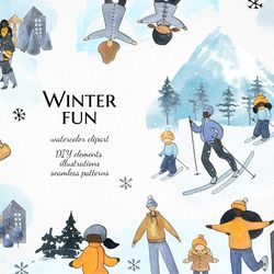 winter family clipart, Black family wintersport scene creator png, watercolor mountain landscape illustrations