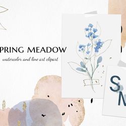 watercolor abstract clipart, wildflower illustrations, blue flower wedding invitation, pink brush stroke clip art