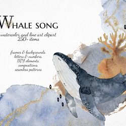 watercolor abstract ocean clipart, whale illustrations, narwhal orca sperm whale clip art, sea life digital paper