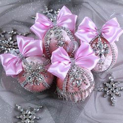 Christmas rhinestones pink ornaments, luxury handmade balls in gift box, Xmas decorations, New Year tree balls