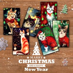 18  Christmas retro cat  mini cards ACEO Cards, Instant Download, Digital cat,  Artist Cards, art journal printable