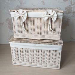Set of 2 Wicker beige square baskets with lid, Baskets for dressing room, Storage baskets for cosmetics, custom size