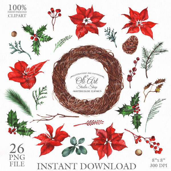 watercolor christmas red poinsettia elements clipart_1.jpg