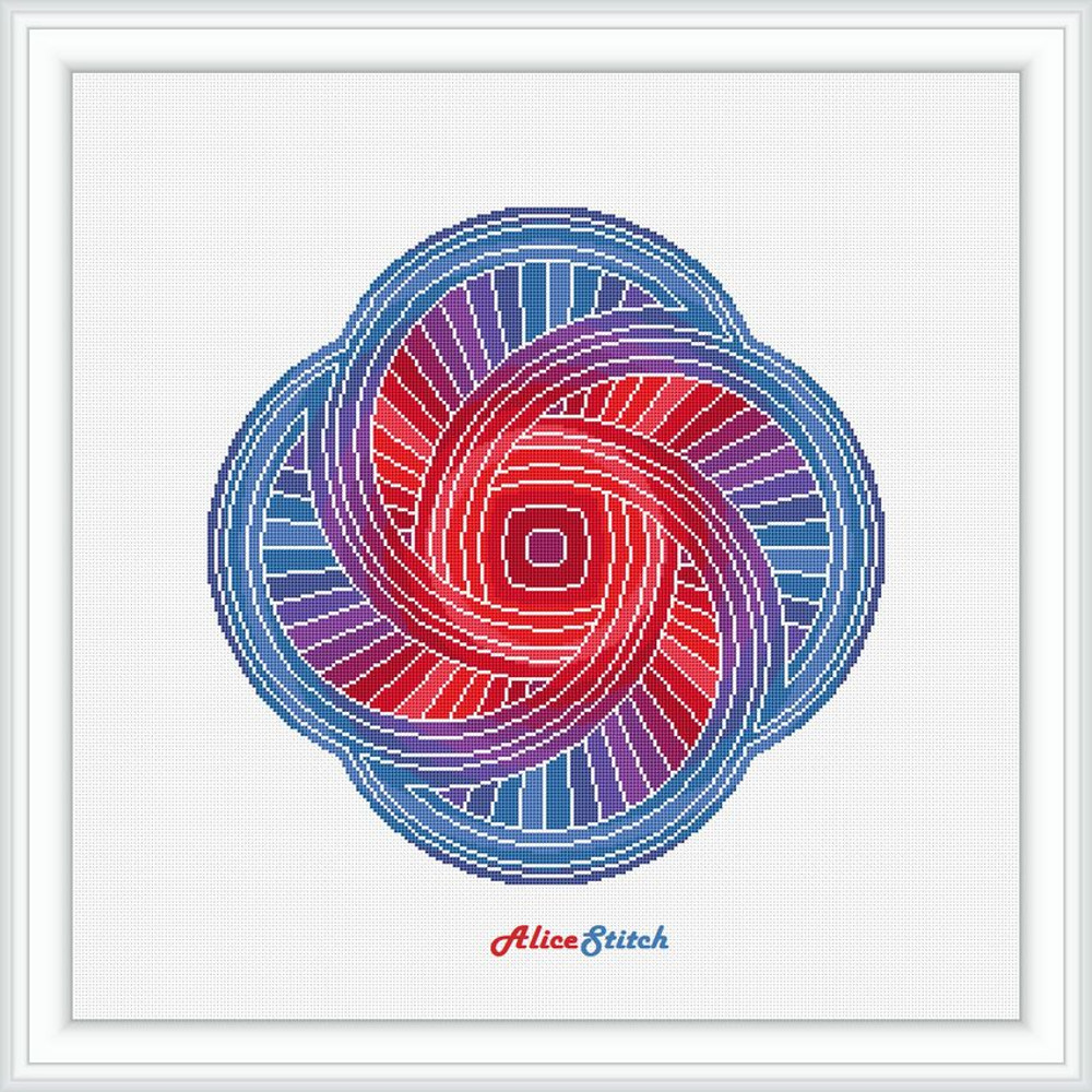 Cross Stitch Pattern Mandala 4 Circles Entity Abstract Monochrome Magic Alchemy Red Blue Counted Crossstitch Pattern PDF 1