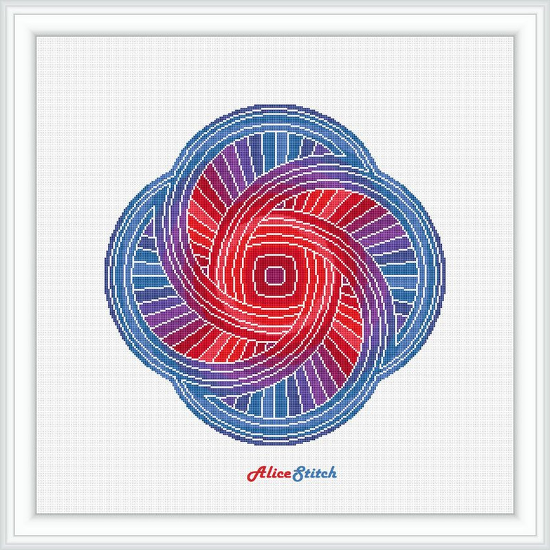 Cross Stitch Pattern Mandala 4 Circles Entity Abstract Monochrome Magic Alchemy Red Blue Counted Crossstitch Pattern PDF 1