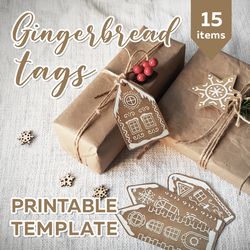 Christmas label set Gingerbread Houses Printable Template. DIY Vintage paper gift tag PDF files set
