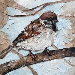 Sparrow Painting Bird Original Art Animal Artwork Small Oil Painting Impasto Painting Winter Bird Wall Art by AlyonArt