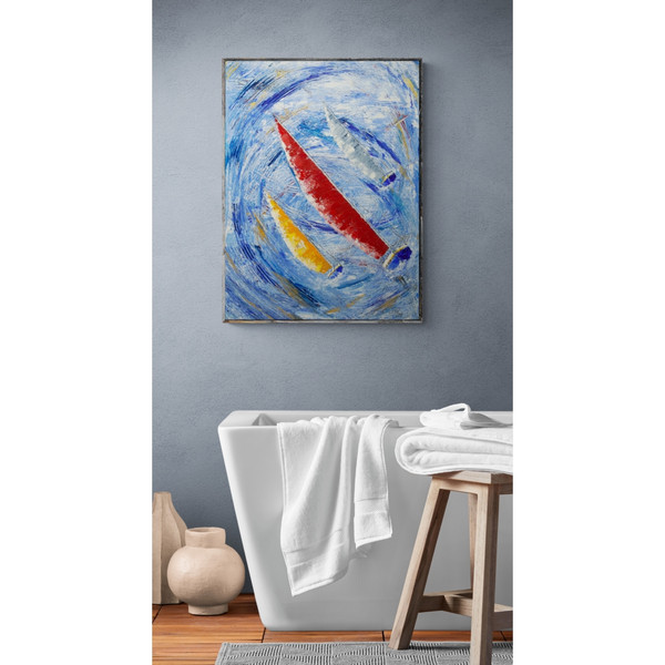 Three sailboats and abstract stormy sea_view in the interior