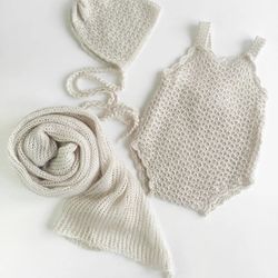 Newborn cute set for photoshoot, knit costume for baby girl, girly outfit as props, newbornprops knitted bodysuit, wrap