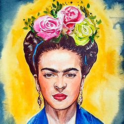 Frida Kahlo portrait with rose wreath, printable, Feminist gift, Watercolor portrait, mexican folk art, Digital item