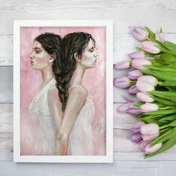 sisters painting original canvas art loving sisters two sisters artwork nursery decor best friends painting