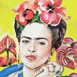 Frida Kahlo five watercolor portrait, Frida Kahlo portrait with anthurium, Feminist gift, mexican folk art, Digital item