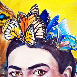 Frida Kahlo portrait with butterfies wreath, Feminist gift, Watercolor Frida portrait, mexican folk art, Digital item