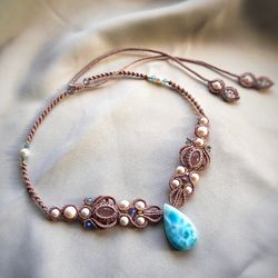 larimar necklace, rose quartz necklace, wedding jewelry, bridal necklace, women jewelry, statement necklace, macrame
