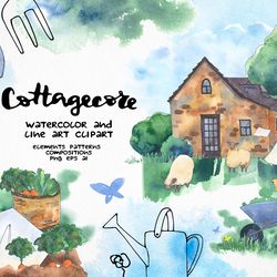 Cottagecore farm clipart, Summer country house illustrations, Watercolor garden landscape scene creator clip art