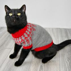 Cat Sweater Icelandic II, Hand Knitted Handmade Norwegian Wool Jumper for Small Dog or Sphynx, Jacquard Pet Clothes