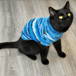 Cat Sweater Waves, Hand Knitted Handmade Blue Wool Jumper for Small Dog or Sphynx cat, Striped Pet Clothes for Kitten