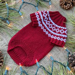 Cat Sweater Merry CatMas, Hand Knitted Handmade Chrismas Cranberry White Jumper for Small Dog, Pet Clothes for Kitten