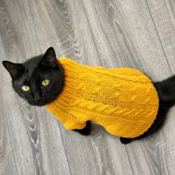 Cable Cat Sweater Classic Braids, Hand Knitted Handmade Cotton Jumper for Small Dog or Sphynx cat, Pet Clothes