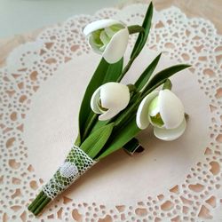 Snowdrop brooch Mothers day gift Wedding boutonniere Snowdrop pin Groom boutonniere Floral brooch Spring flowers brooch