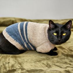 Cat Sweater "Hemingway", Hand Knitted Handmade Striped Wool Jumper for Small Dog, Sphynx cat Clothes, Warm Pet Sweater