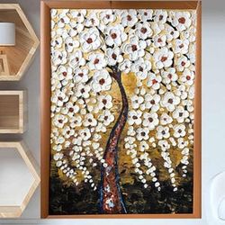 tree of life painting flower original art fall tree painting yellow flower impasto painting 22.5 by 30.2 myrikart