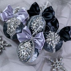 Luxury Christmas rhinestones dark grey ornaments, handmade balls in gift box, Xmas decorations New Year tree balls