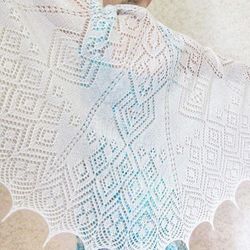 Lace shawl hand knit milky, lightweight shawl, semicircular cape