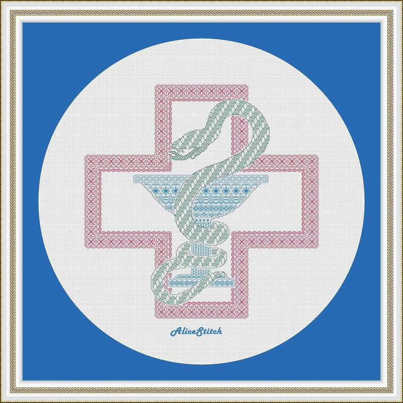 Blackwork Medical Symbol Bowl Snake Red Cross Sampler Ornament Medicine Pharmacy Monochrome Panel Cross Stitch Patterns 3